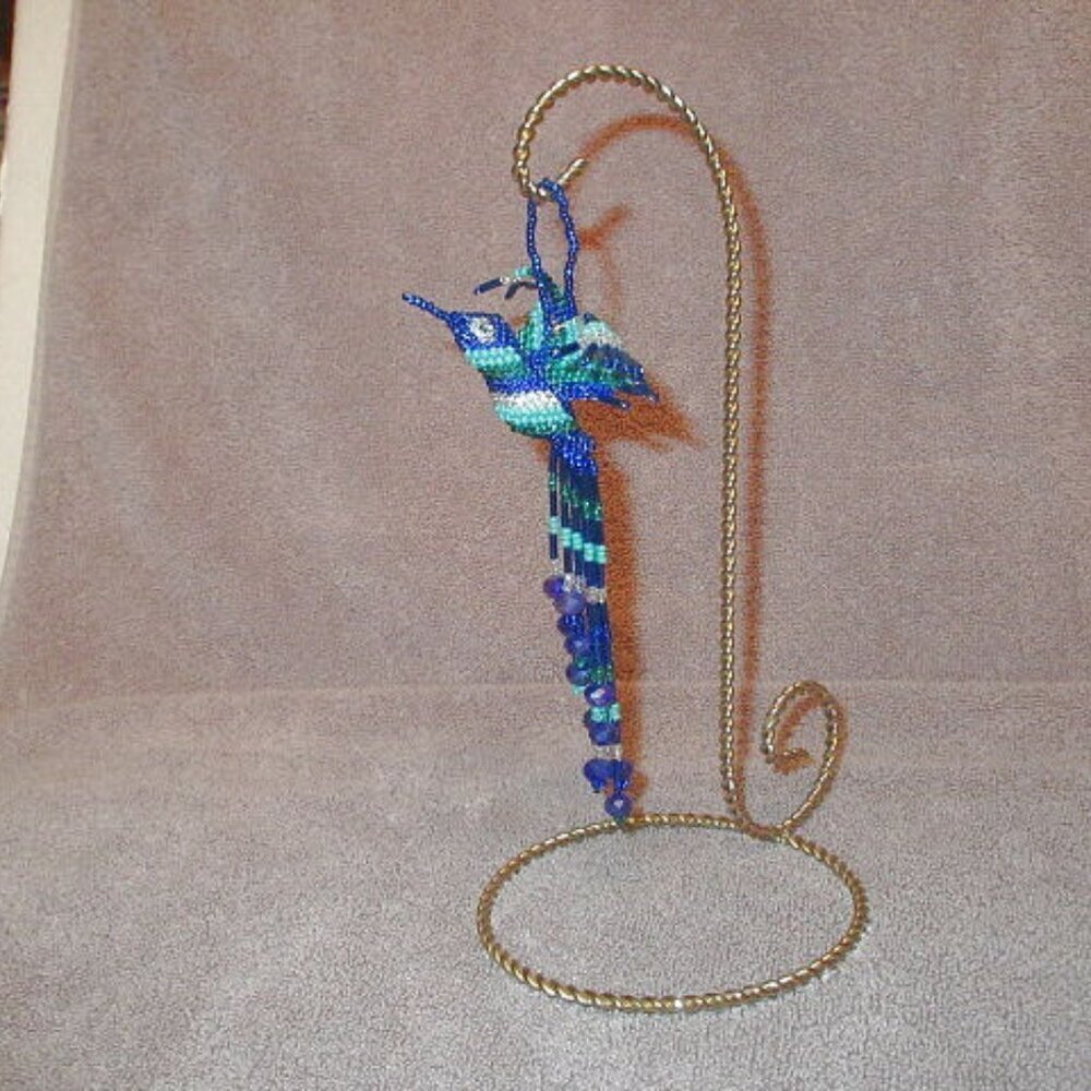 Hand Beaded Hummingbird Ornament & Display Stand Colorful Bird Hanging Decor 6”